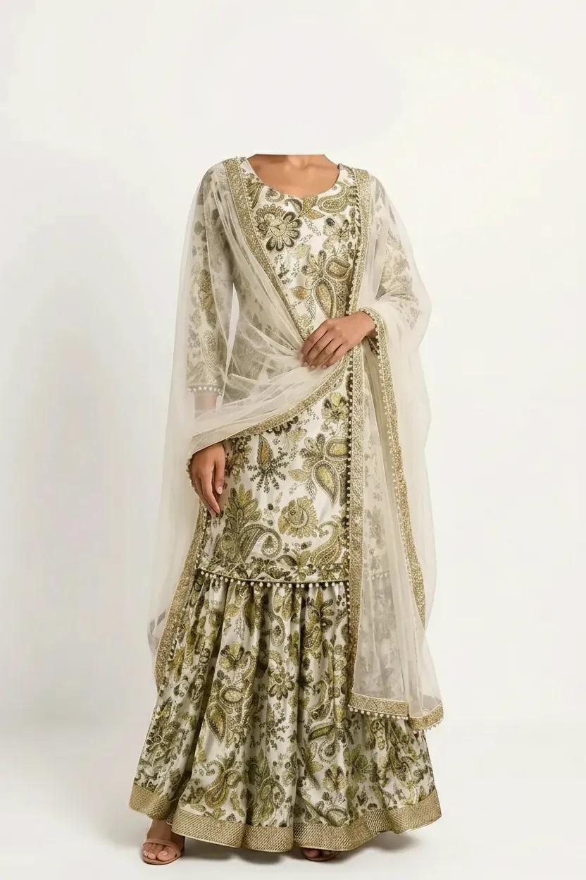 Cream + Green Lehenga