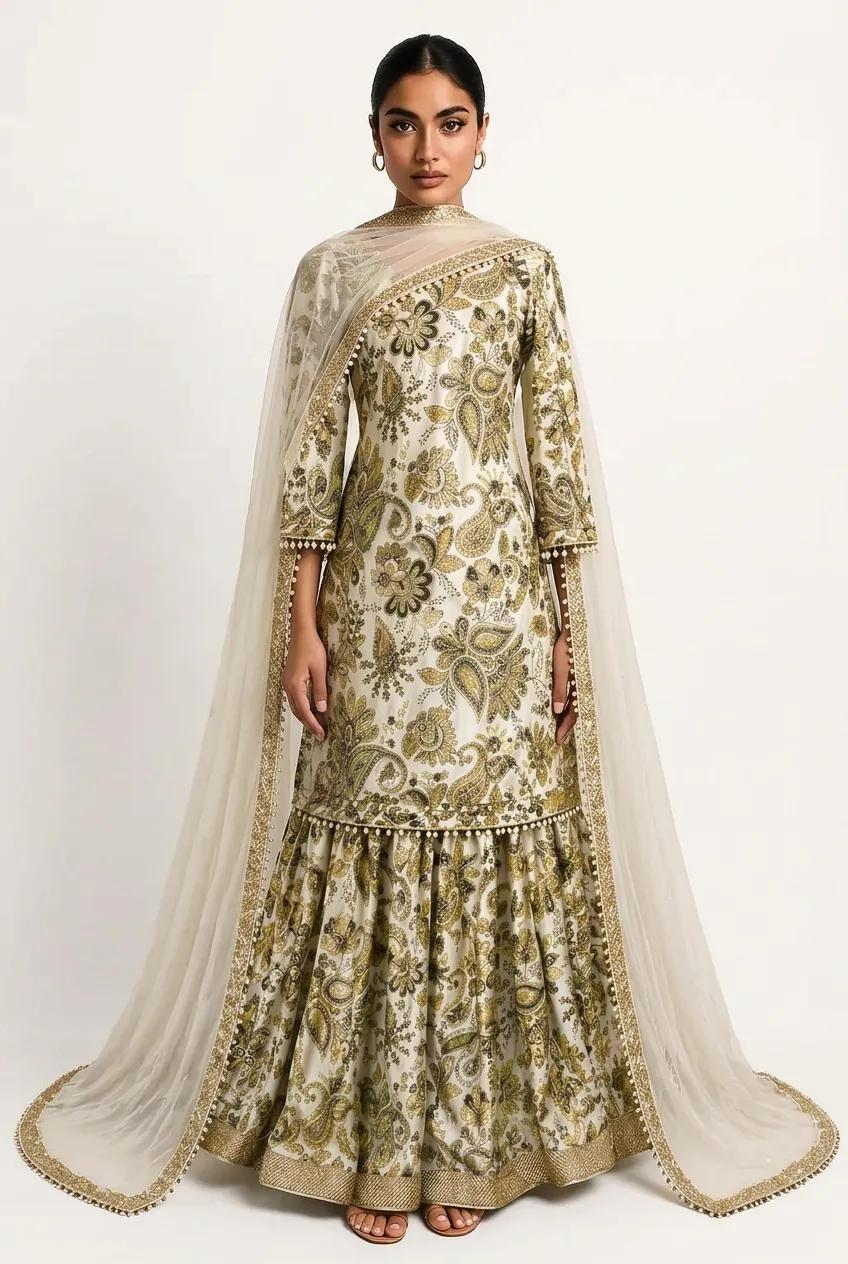 Cream + Green Lehenga