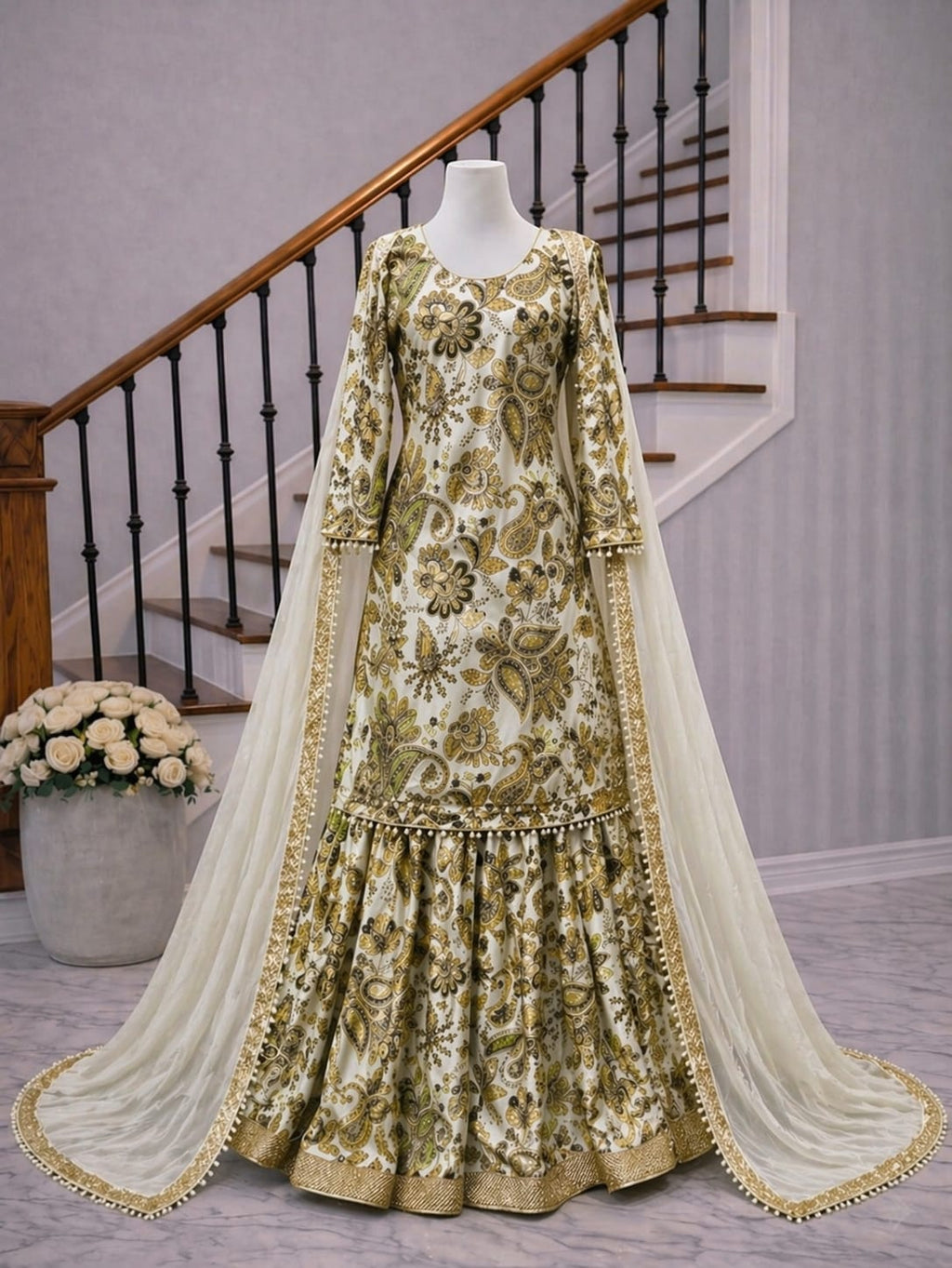 Cream + Green Lehenga